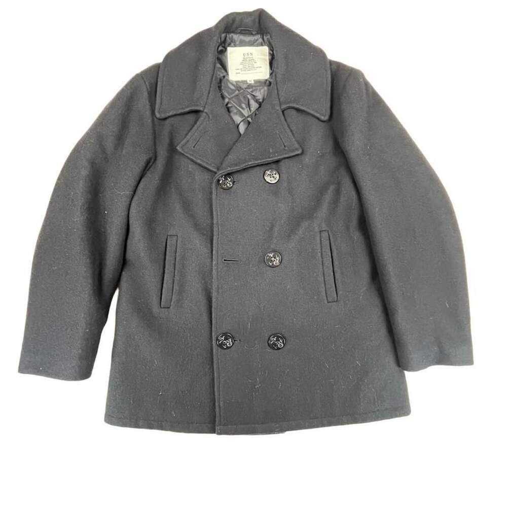 Y2K US Navy Heavy Black Pea Coat Wool Man's Style MP752394 Size M